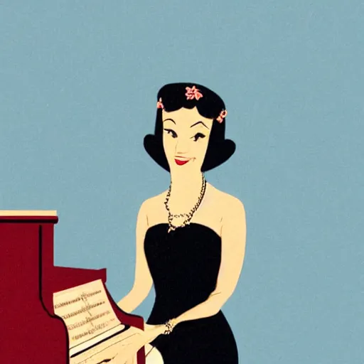 Prompt: vintage beautiful woman with an halo, wearing an black dress and sitting in an piano, 3 0 s cartoon