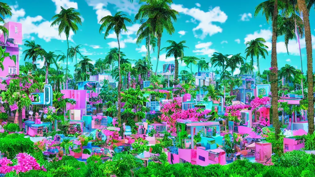 Image similar to village in a vaporwave jungle, 4k, ultra realistic, award winning photograph