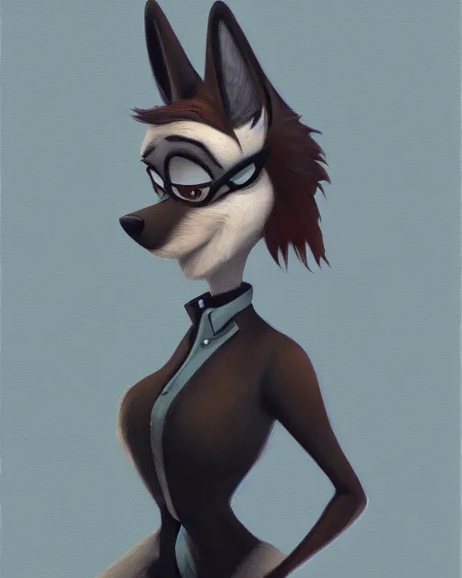 Image similar to oil painting of anthromorphic female wolf, in style of cory loftis, fursona, furry, furaffinity, 4 k, deviantart, furry art, fursona art, wearing black business suit, business suit, in style of zootopia, wolf fursona, cyberpunk, female, very very very expressive detailed feminine face,