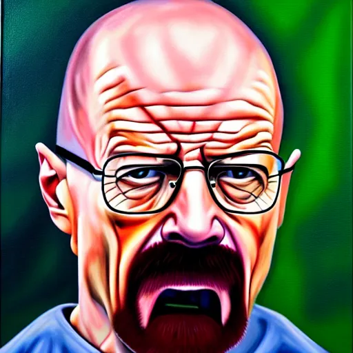 Prompt: Walter White seething with rage, angry, ticked off, mad, oil painting