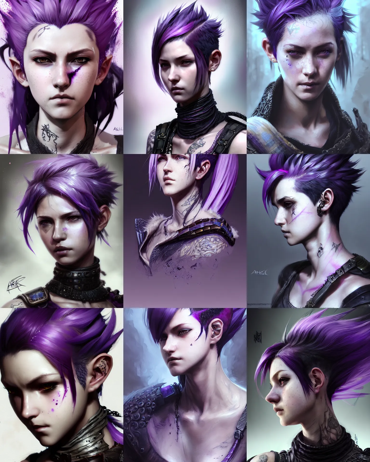 Prompt: Portrait of rugged adult female, fantasy, pixie undercut hairstyle, black to purple fade hairstyle, dragon scales across hairline, intricate, highly detailed, digital painting, artstation, concept art, sharp focus, art by Akihiko Yoshida, Greg Rutkowski, 4k resolution, nier inspired, graffiti inspired, vibrant but dreary