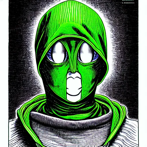 Image similar to portrait of programmer with green hood by junji ito