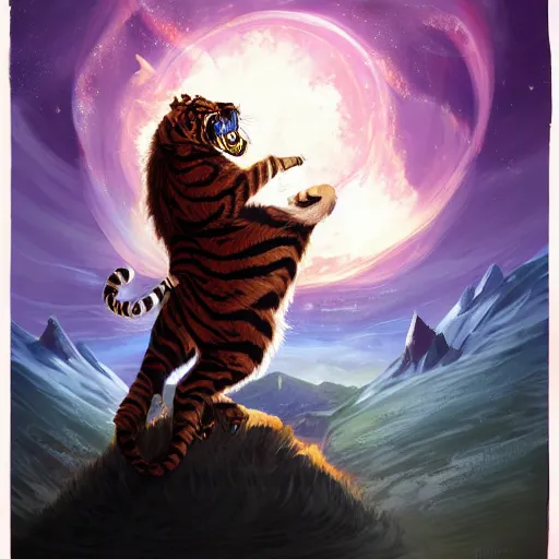 Prompt: A Wizard battling a Tiger, digital art, masterpiece; trending on ArtStation; by MotG digital painting by R.J. Palmer; by Anato Finnstark