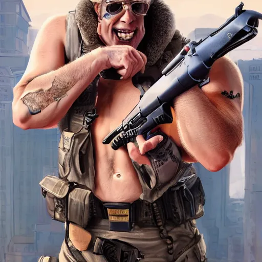 Prompt: sacha baron cohen as duke nukem | | cool - male - face, manly face, fine details by stanley artgerm lau, wlop, rossdraws, james jean, andrei riabovitchev, marc simonetti, and sakimichan, trending on artstation