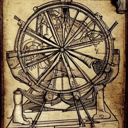 Image similar to really weird obnoxious complex machinery, in renaissance style, da vinci drawing style