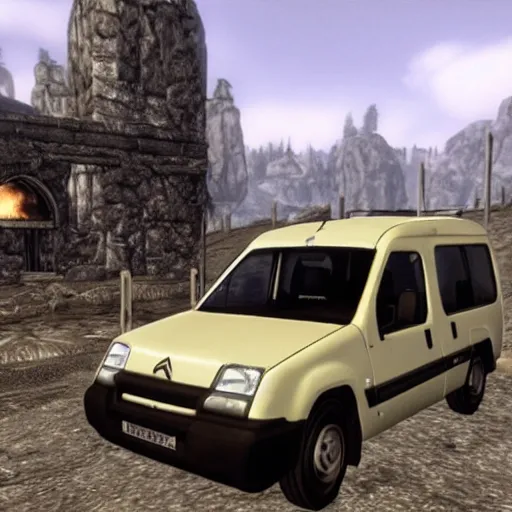 Prompt: citroen berlingo ( 1 9 9 7 ) in the elder scrolls v : skyrim, in - game screenshot