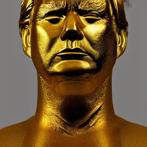 Prompt: melting gold bust of donald trump by andy wahrol, the face is melting with drips of molten metal falling like lava, ground angle, uhd 8 k, sharp focus
