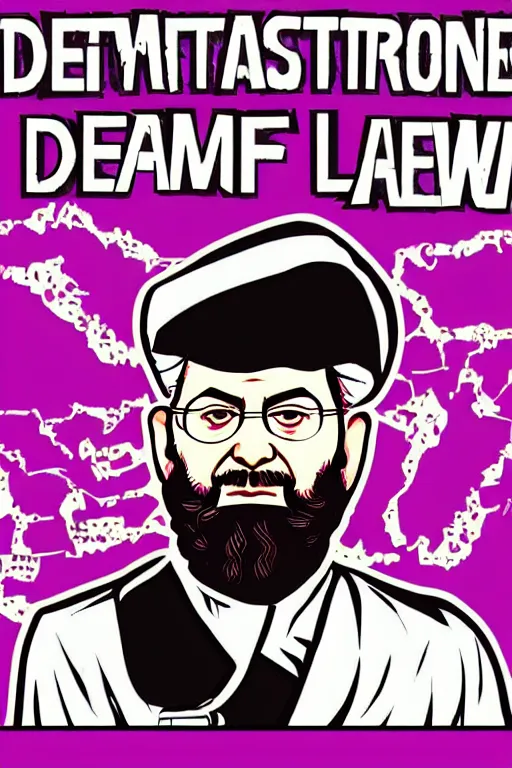 Image similar to khamenei, with quotes : destroy destroy america, pointing index finger, delete duplicating content, hyperrealistic anatomy content, violet polsangi pop art, gta chinatown wars art style, extreme quality masterpiece, bioshock infinite art style, incrinate, 2 color, white frame, content balance proportion