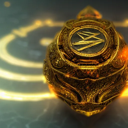 Prompt: hyperrealistic closeup of a mysterious magical golden artifact with glowing runes, blurry background, bokeh, artstation
