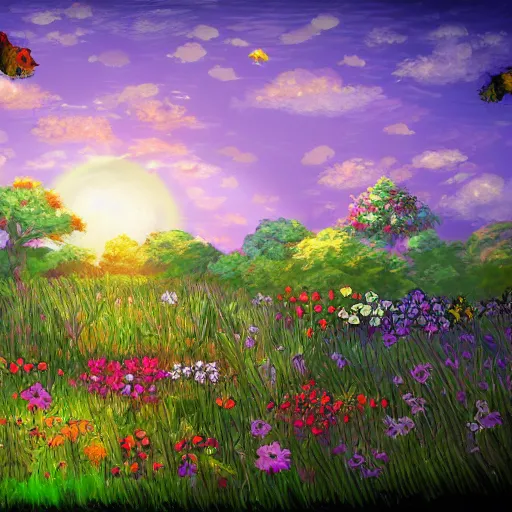 Image similar to a garden field background, cartoon, digital art, featured on artstation, smooth graphics, soft details,