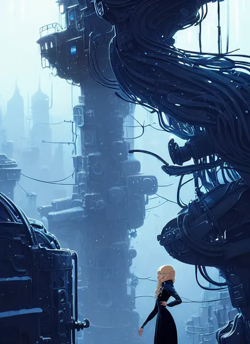 Prompt: highly detailed portrait of a hopeful frostpunk long blonde hair lady with curvy short black dress, stray wiring by atey ghailan, james gilleard, by joe fenton, by greg rutkowski, by greg tocchini, by kaethe butcher, 4 k resolution, gradient blue, black and white color scheme!!! ( ( frozen robotic dystopian city background ) )