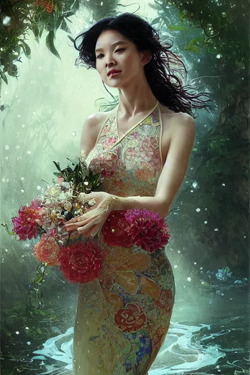 Image similar to portrait of a beautiful woman wearing a cheongsam dress, holding a bouquet of flowing flowers, drenched body, wet dripping hair, emerging from the water, fantasy, regal, fractal crystal, fractal gems, by stanley artgerm lau, greg rutkowski, thomas kindkade, alphonse mucha, loish, norman rockwell