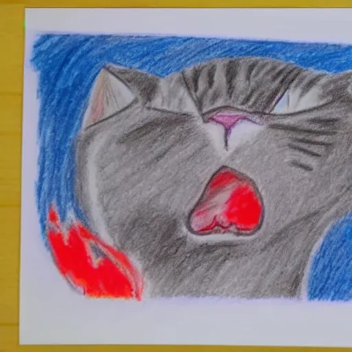 Image similar to crayon drawing of a cat bleeding out, drawn by a 6 year old