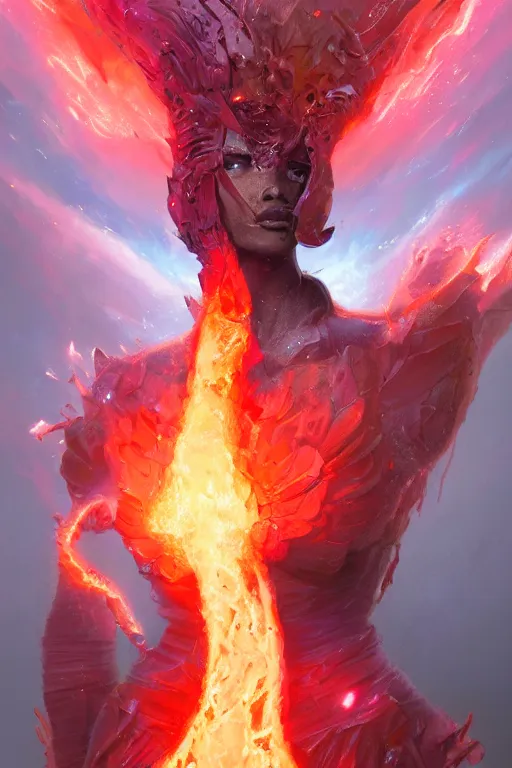 Prompt: torso closeup model wearing exploding ice fire lava dress, sorcerer, diamonds, angel, fantasy, dramatic lighting, highly detailed, digital painting, holding electricity, magic the gathering, hyper detailed, 3 d render, hyper realistic detailed portrait, peter mohrbacher, wlop, ruan jia