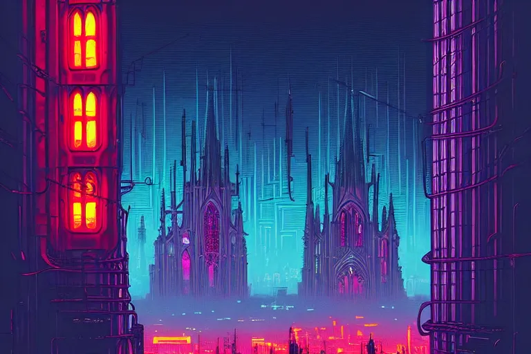 Prompt: a gothic cathedral dan mumford and josan gonzalez and simon stalenhag, cyberpunk, vibrant, dystopian, police drones, neon signs, high contrast