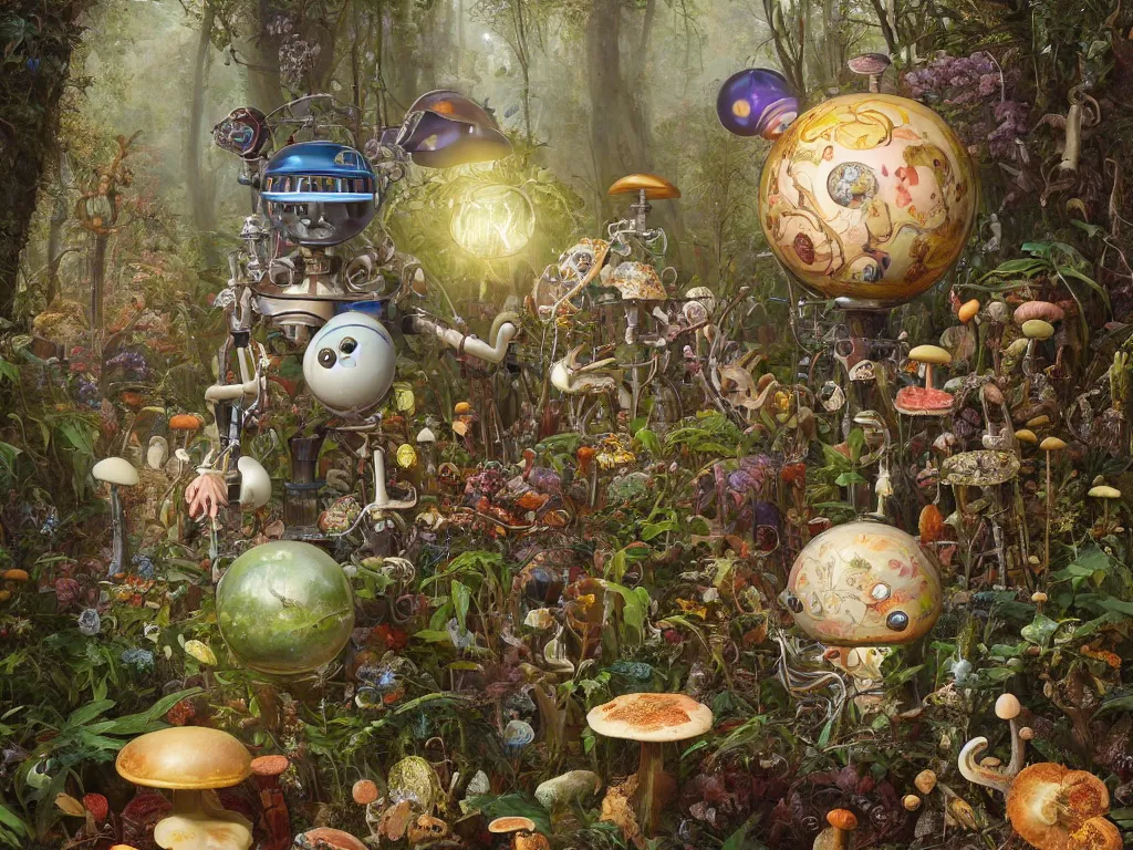 Image similar to victorian robot with mushrooms growing in a spheroid forest, 3d render, nightlight Study, by Jan Davidsz de Heem and Lisa Frank, Art Nouveau, 8k, extreme detail, sharp focus, octane render