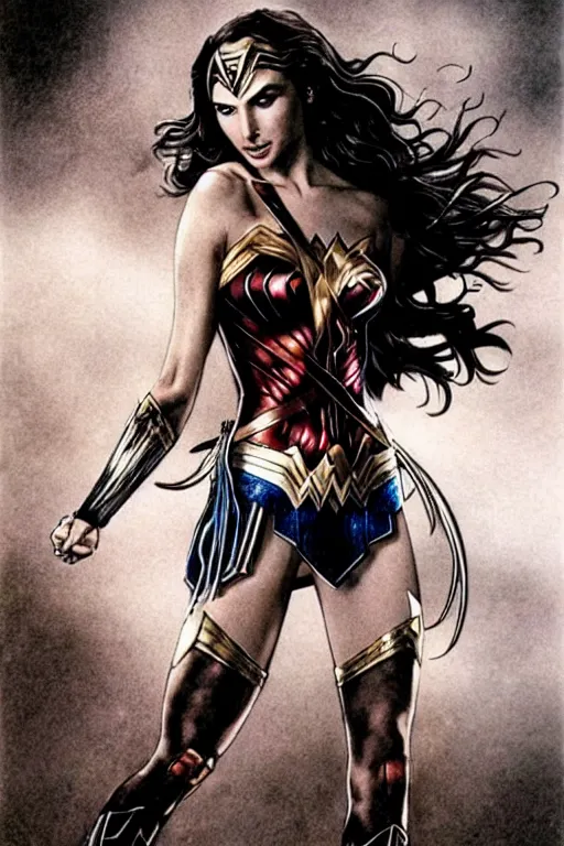 Image similar to Gal Gadot as Wonder Woman, illustration by Luis Royo