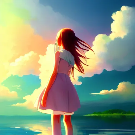 Prompt: an painting of anime girl standing on the lake with cumulus clouds under the sunset, by rhads and makoto shinkai, ultra hd anime wallpaper, pixiv style, digital art.
