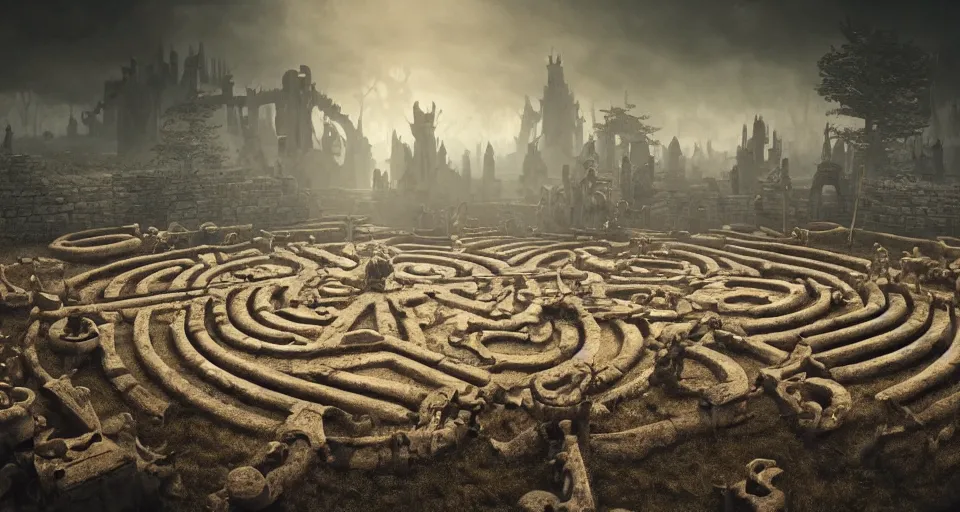 Prompt: circular bone labyrinth made out of giant bones, art deco medieval style, grimdark vibes, golden skeleton statue in center of labyrinth, abandoned vibes, gloomy moody clouds, god sun rays, complimentary color scheme, G liulian Art style, dynamic lighting, highly detailed, cinematic landscape, octane render, unreal engine