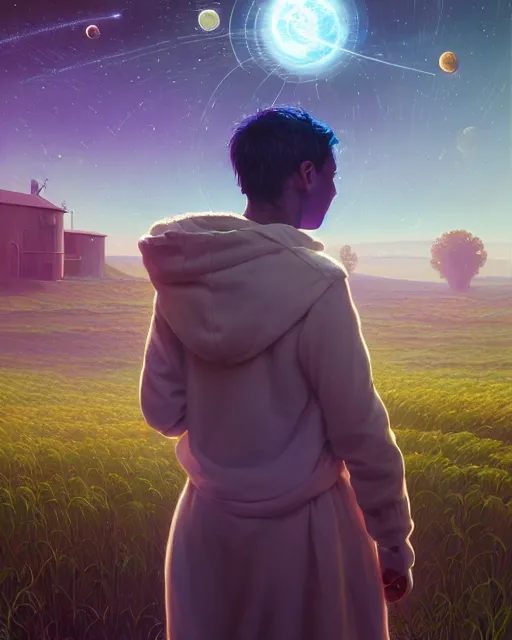 Image similar to highly detailed surreal vfx portrait of a futuristic mage in a rural farm with planets in background, stephen bliss, unreal engine, greg rutkowski, loish, rhads, beeple, makoto shinkai and lois van baarle, ilya kuvshinov, rossdraws, tom bagshaw, alphonse mucha, global illumination, detailed and intricate environment