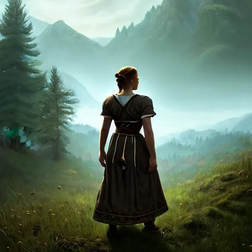 Image similar to the elder scrolls vi, small farmhouse, village girl in dirndl, mountainous sloping meadow and slightly forested background, atmospheric lighting, painted, intricate, volumetric lighting, beautiful, rich deep colors masterpiece, sharp focus, ultra detailed by leesha hannigan, ross tran, thierry doizon, kai carpenter, ignacio fernandez rios