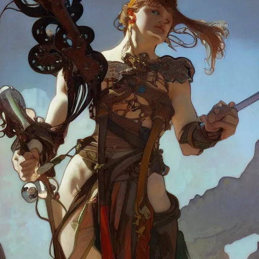 Image similar to Half giant barbarian, Wielding Greatsword, by alphonse mucha, Adolfo Hohenstein, Alice Russell Glenny, Stanley Artgerm Lau, greg rutkowski, detailed 4k , concept art, trending on artstation, smooth, sharp focus