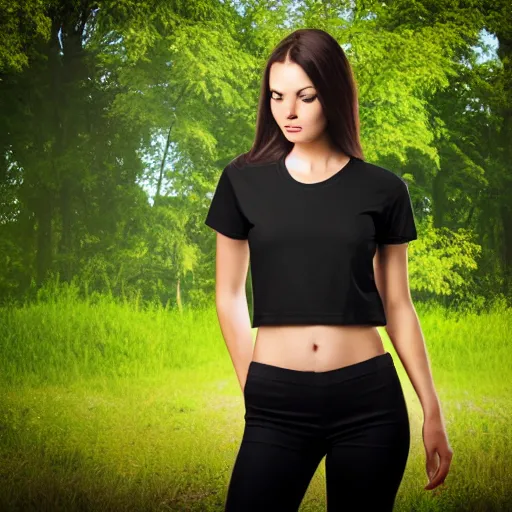 Image similar to clear photorealistic mockup product photograph of a blank black tshirt on an attractive female model in front of a nature background - h 7 0 4