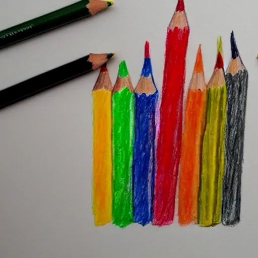 Image similar to crayon drawing of a pencil next to a pencil drawing of a crayon