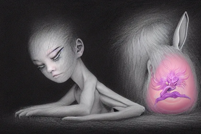 Image similar to Keeping you sane, And you fade away just enough, You felt the edge again, You took two pills And you fell asleep, Hugging six rabbits And having pink nightmares, concept art, trade on artstation, sharp focus, psychedelic, by Yoshitaka Amano, Mark Ryden, Zdzisław Beksiński, Gloom, Extremely high detail, realistic, fantasy art, masterpiece, Hyperrealism. Subsurface scattering. Octane Render. Weirdcore