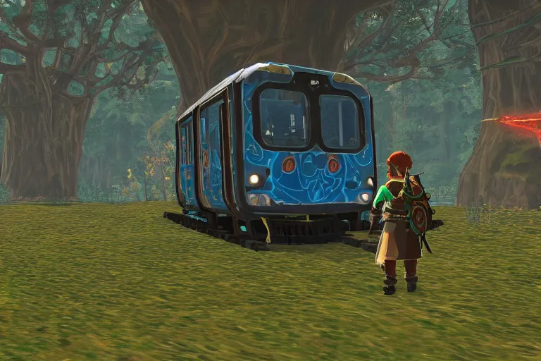 Prompt: wmata metro train in botw, breath of the wild screenshot