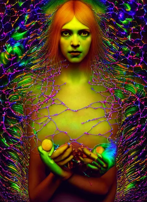 Image similar to hyper detailed 3d render like a Oil painting - Aurora (evocative cyberpunk and oil rainbow faced Singer) seen Eating of the Strangling network of milky Fruit and Her delicate Hands hold of gossamer polyp blossoms bring iridescent fungal flowers whose spores black out the foolish stars by Jacek Yerka, Mariusz Lewandowski, Houdini algorithmic generative render, Abstract brush strokes, Masterpiece, Edward Hopper and James Gilleard, Zdzislaw Beksinski, Mark Ryden, Wolfgang Lettl, hints of Yayoi Kasuma, octane render, 8k