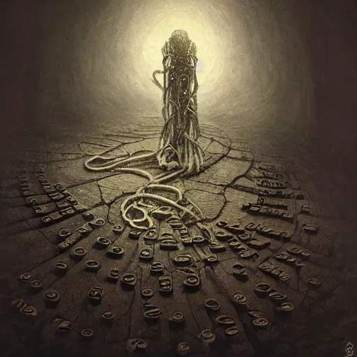 Prompt: an old lovecraft typewriter with a sheet of paper on which words in an ancient language are written, mysterious, ethereal, insanely detailed, photorealistic, dramatic lighting, professional illustration, 8 k, digital art, matte painting, by beksinski and rutkovski, artstation