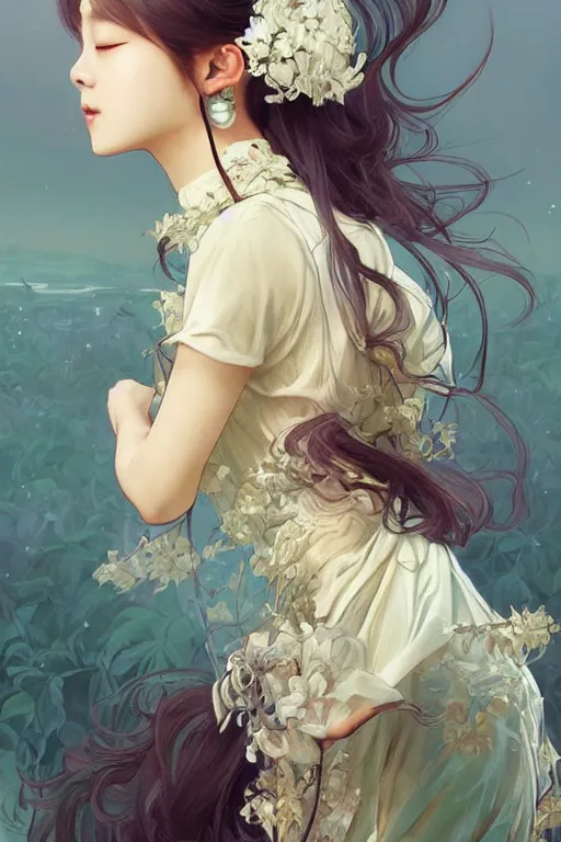 Image similar to beautiful cottagecore BTS k-pop band, phone wallpaper. intricate, elegant. the background is babylue !. highly detailed, digital painting, artstation, concept art, smooth, sharp, focus, illustration. . art by artgerm and greg rutkowski and alphonse mucha