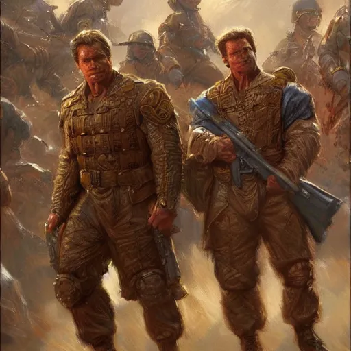 Prompt: Henry Caville and Arnold Schwarzenegger as soldiers, closeup character art by Donato Giancola, Craig Mullins, digital art, trending on artstation