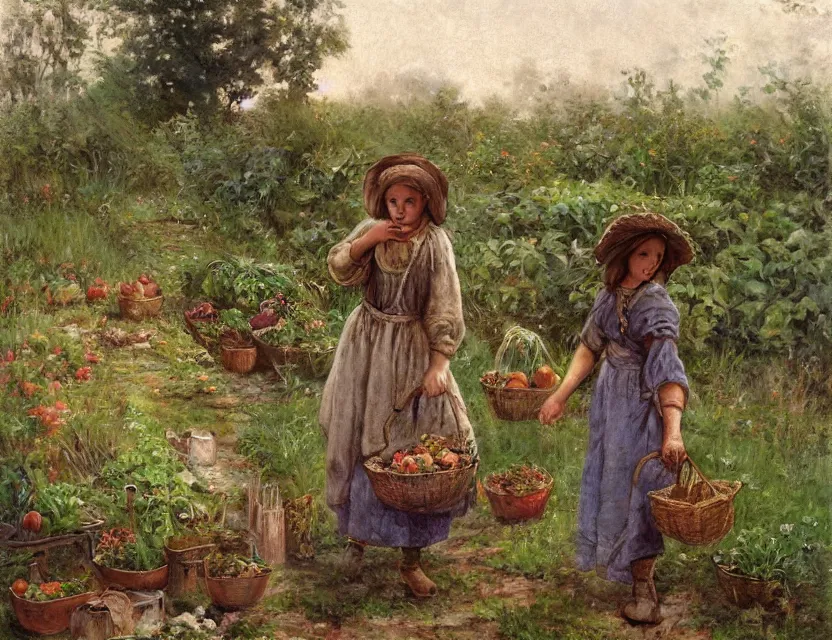 Image similar to 3 peasant girl picking vegetables from garden, cottage core, cinematic focus, polaroid photo bleached vintage pastel colors high - key lighting, soft lights, foggy, by steve hanks, by lisa yuskavage, by serov valentin, by tarkovsky, 8 k render, detailed, oil on canvas