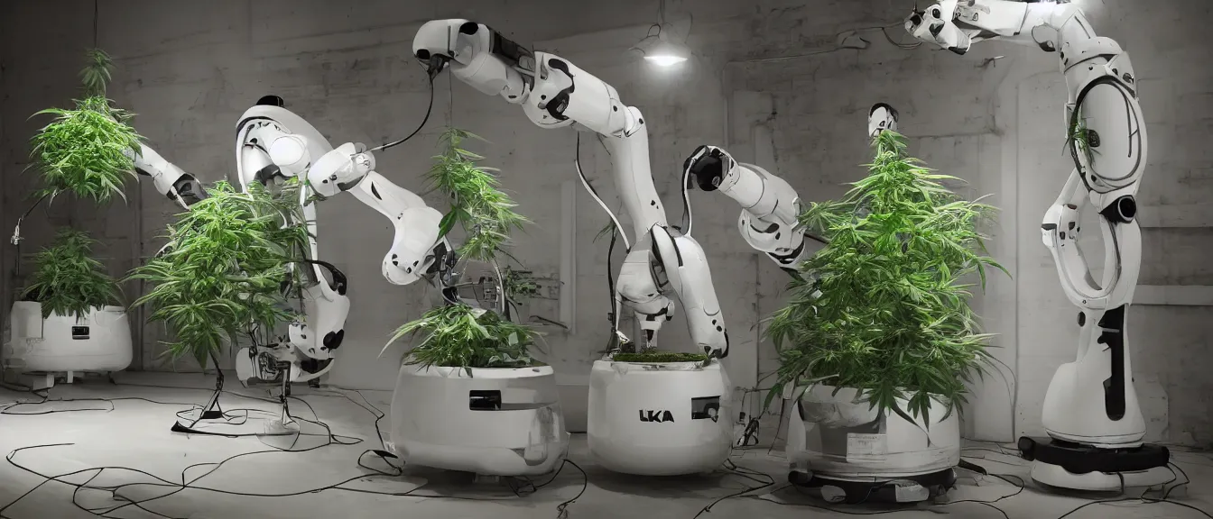 Image similar to three large white glossy kuka industrial robot harvesting a cannabis micro growery inside a fancy living room with retro modern furniture and decor, global illumination, artstation, fantasy, volumetric light