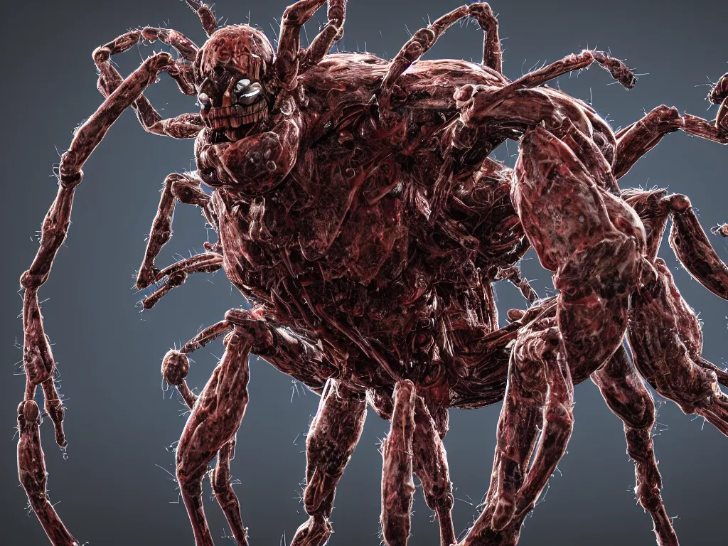 Image similar to Techno-biological iron-meat spider with big artillery cannon on his head consisting of tumors, veins, guts, kidneys, wires, long spider paws, chitin, bones. Bodyhorror, biopunk, extremely high detail, ultra realistic, photorealism, concept art, octane render, view from a distance, 8k, 16k