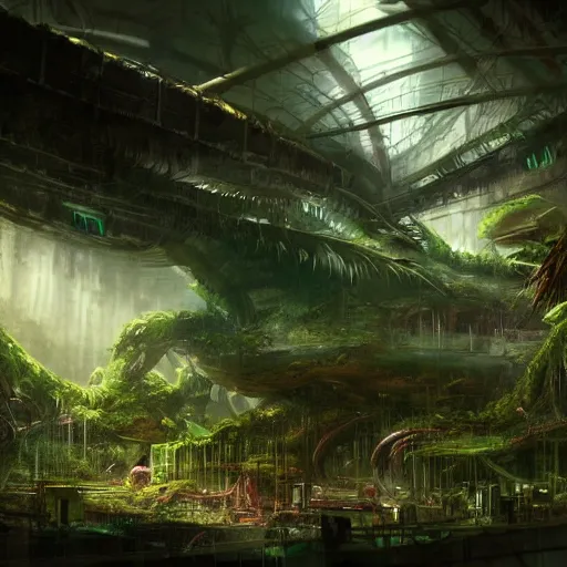 Image similar to epic alien jungle inside a giant laboratory by raymond swanland