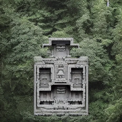 Prompt: an alien temple in a forested landscape by ricardo bofill