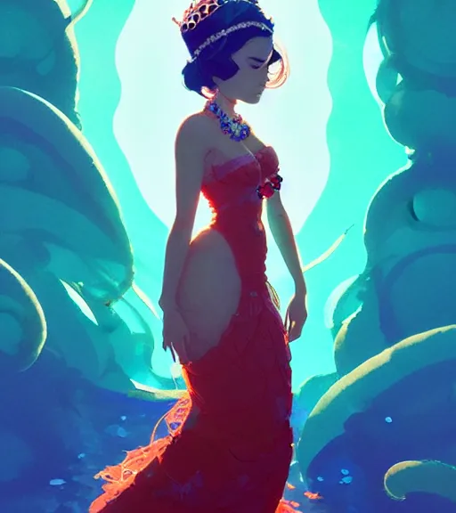 Image similar to portrait of a beautiful queen of the ocean with coral jewelry in complex and shiny dress made by jellyfish, by ross tran and atey ghailan, by greg rutkowski, by greg tocchini, by james gilleard, by joe fenton, by kaethe butcher, dynamic lighting, grunge aesthetic