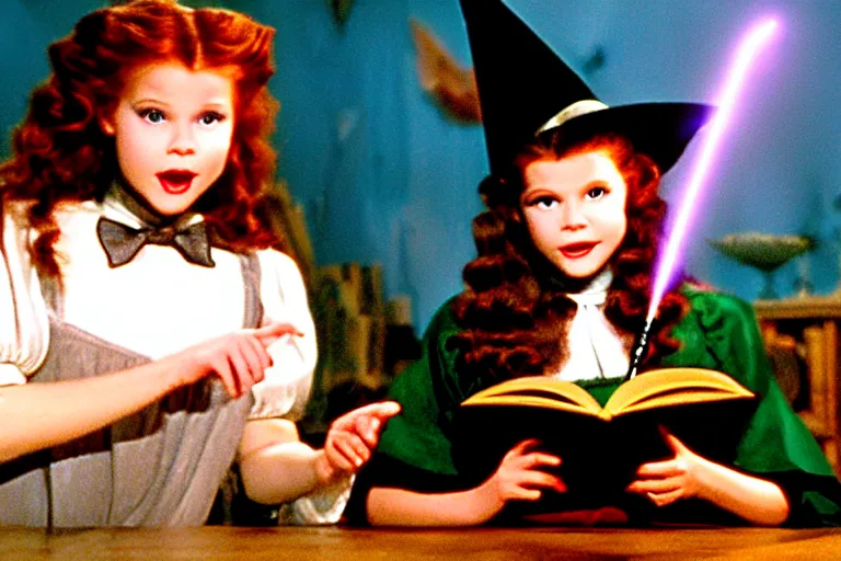 Image similar to close up portrait, dramatic lighting, teen witch calmly pointing a magic wand casting a spell over a large open book on a table with, short hair, cat on the table in front of her, sage smoke, a witch hat cloak, apothecary shelves in the background, still from the wizard of oz and peter pan