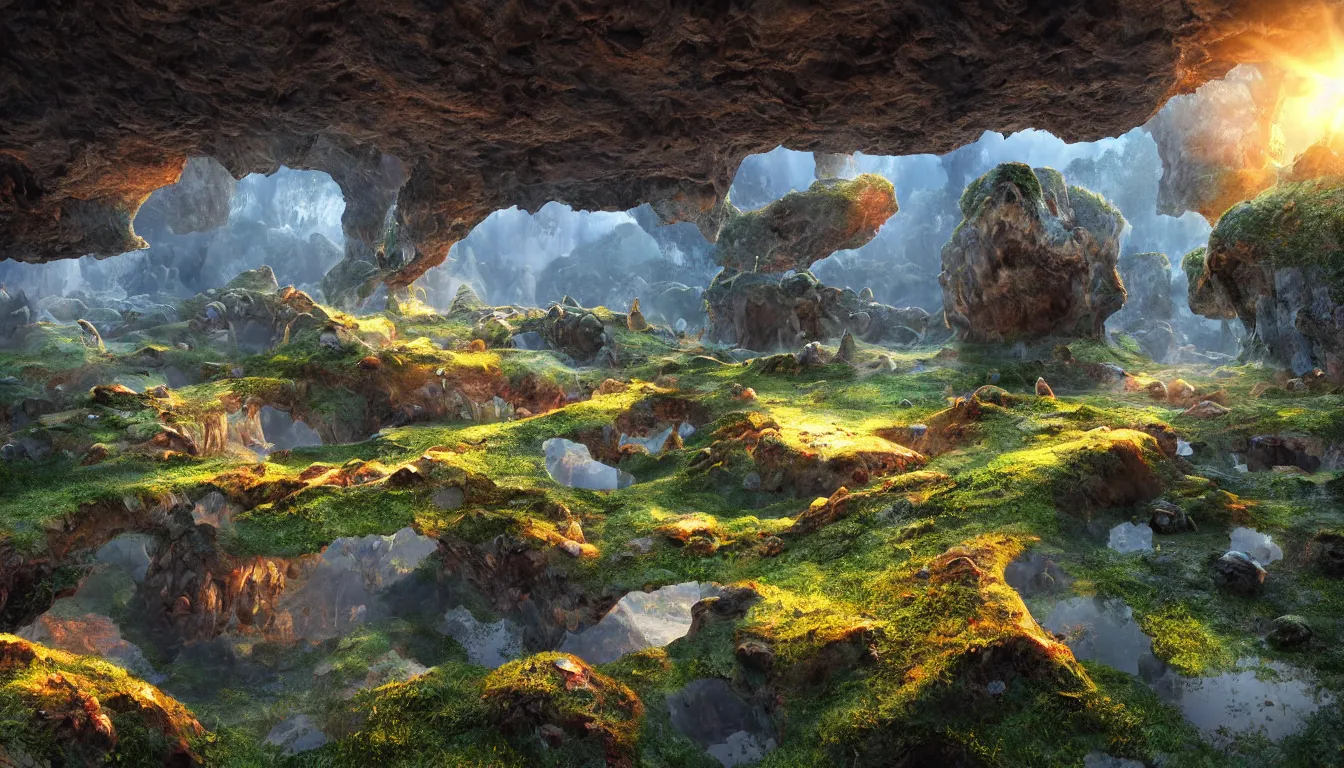 Image similar to expansive caves with growing fungal biodiversity , pools of water reflecting , small city streets emerge in between the rock formations, dramatic dusk sun illuminates areas , volumetric light ,detailed entangled fibres carpet the fallen rocks ,full colour , upscale , 8k