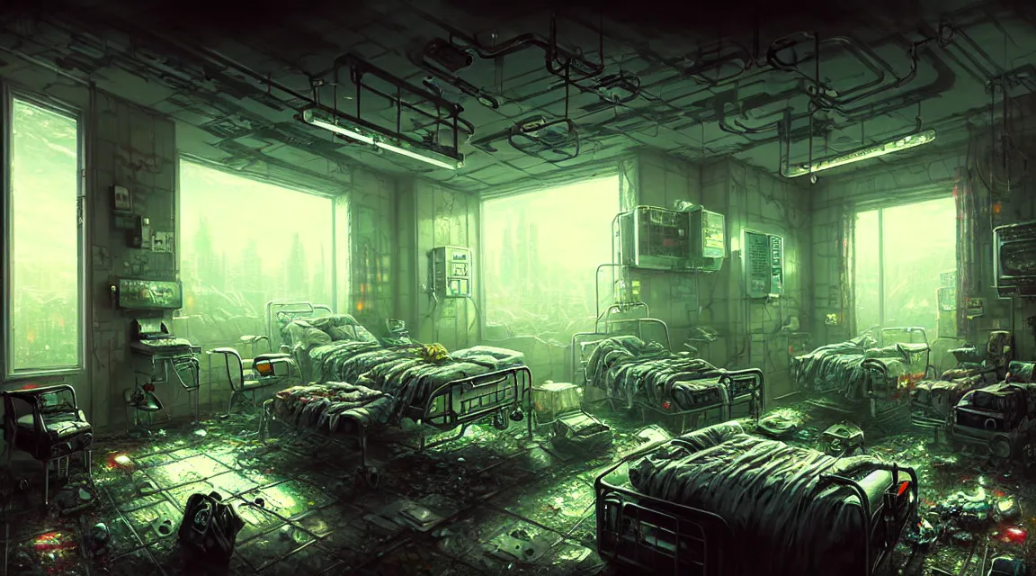 Prompt: post apocalyptic room interior, hospital interior, human silhouette, furniture, interior decoration, by thomas kinkade trending on artstation, photorealistic, hyper detailed, hyper realistic, cyberpunk vibrant colors