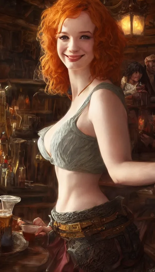 Image similar to young christina hendricks in a tavern, energetic, laughing, fit, warhammer, lord of the rings, sweaty, strong, intricate, highly detailed, digital painting, artstation, concept art, smooth, sharp focus, illustration, unreal engine 5, 8 k, art by artgerm and greg rutkowski and alphonse mucha