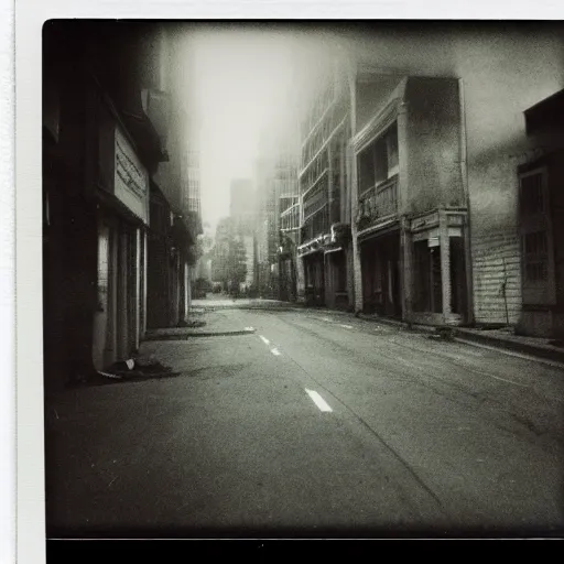 Image similar to A polaroid of aa street with no one on it but a horrifying creature. Black and white, grainy, dark colors, cinematic lighting, hyper detailed.