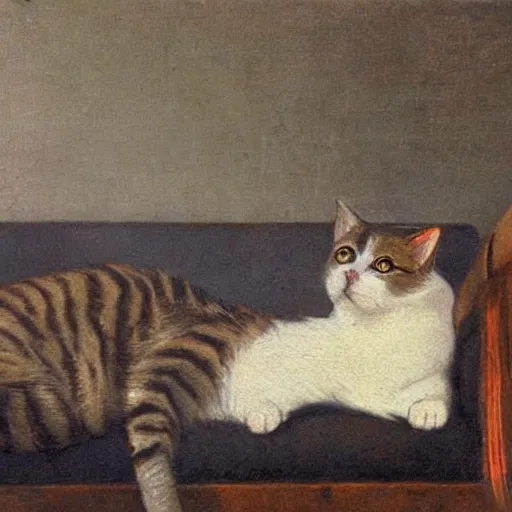 Prompt: detailed oil painting of a cat resting on a couch, 1 9 th century, by mirai mizu, by ralph bakshi, by caravaggio, by georgia o keeffe