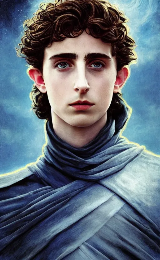 Image similar to beautiful paul atreides timothee chalamet with a three day beard, emperor of the known universe, completely blue eyes, perfect dramatic and dark portrait insanely detailed, concept art, deep focus, intricate, highly detailed, digital painting, artstation, matte, sharp focus, illustration, art by greg rutkowski and alphonse mucha, low angle, dominant eye