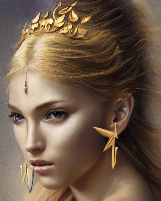 Image similar to tattoo design sketch of cute beautiful blonde super model as aphrodite greek goddess wearing a gold laurel wreath and triangle earrings, beautiful piercing gaze with sharp pupils, in the style of greg rutkowski, fantasy, amazing detail, epic, elegant, smooth, sharp focus, front view