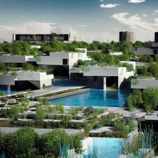 Image similar to architectural rendering of habitat 6 7 in the desert, biophilia mood, pool, garden, highly detailed, cinematic,