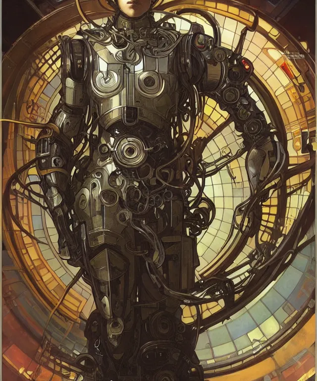 Image similar to realistic detailed portrait of a male! mecha cyberpunk! monk! by alphonse mucha and charlie bowater and art germ, rule of thirds, golden ratio, art nouveau! cyberpunk! style, mechanical accents!, mecha plate armor, glowing leds, flowing wires with leaves, art nouveau accents, art nouveau patterns and geometry, rich deep moody colors